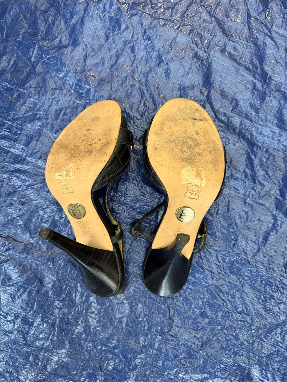 bebe Black and Gold Strappy Buckle Heels